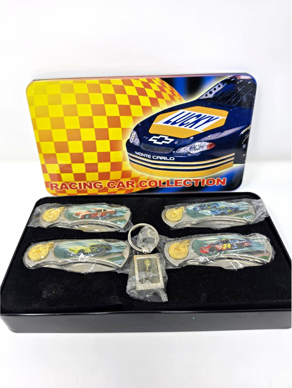 RACING CAR 4 KNIFE COLLECTION IN TIN #24 X 2, #15 & # 3 KEY RING NEW